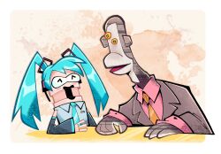 31_minutos ^_^ absurdres aqua_hair aqua_necktie baggy_clothes bare_shoulders black_sleeves blush_stickers brown_coat brown_jacket button_eyes buttons closed_eyes coat collared_coat collared_jacket collared_shirt confused cosplay crossover desk detached_sleeves grey_shirt hatching_(texture) hatsune_miku hatsune_miku_(cosplay) headphones headset herny highres jacket leaning_forward linear_hatching long_hair necktie orange_necktie pink_shirt policarpo_avendano puppet shirt sleeveless sleeveless_shirt tulio_trivino twintails vocaloid watercolor_background wig