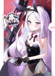 1girl adjusting_clothes adjusting_gloves animal_ears bare_shoulders black_gloves blue_archive blush bow bowtie breasts chibi closed_mouth demon_girl demon_horns demon_tail demon_wings detached_collar dot_nose embarrassed fake_animal_ears fake_tail felnemo fishnet_pantyhose fishnets gloves gun highres hina_(blue_archive) horns leotard loli long_hair looking_at_viewer low_wings machine_gun mg42 multiple_horns pantyhose playboy_bunny purple_eyes rabbit_ears rabbit_tail side_ponytail small_breasts solo spoken_blush standing sweatdrop tail thigh_strap thighs very_long_hair weapon white_hair wings