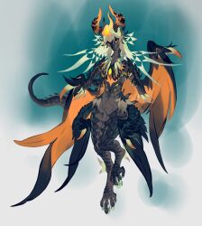 1other androgynous b.i.a black_scales black_wings completely_nude dragon elbow_spikes fire fluff flying full_body furry grey_hair highres horns long_hair midair multicolored_horns multicolored_wings multiple_wings nude orange_eyes orange_horns orange_wings original patterned_hair simple_background solo spines talons wings