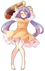 1girl alphes_(style) barefoot biwa_lute bracelet brown_dress chain commentary_request dairi dress flower full_body hair_flower hair_ornament instrument jewelry long_hair long_sleeves looking_at_viewer lute_(instrument) musical_note parody purple_eyes purple_hair shining_needle_castle smile solo style_parody tachi-e touhou transparent_background tsukumo_benben twintails very_long_hair