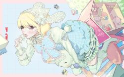 Rule 34 | 1girl, blonde hair, blue bow, blue bowtie, blue dress, blunt bangs, blush, bow, bowtie, chair, commentary, dilated pupils, doll house, dress, empty eyes, english text, expressionless, fingerless gloves, frilled bow, frilled dress, frilled thighhighs, frills, full body, gloves, head tilt, headscarf, holding, holding toy, juliet sleeves, long sleeves, looking at viewer, mary janes, medium hair, open mouth, original, petticoat, pink eyes, pink shoes, plaid bow, plaid clothes, plaid dress, puffy sleeves, rabbit ear headwear, rabbit tail, red pupils, rios14, shirt, shoes, sidelocks, sitting, solo, stuffed animal, stuffed rabbit, stuffed toy, sylvanian families, symbol-only commentary, tail, thighhighs, tongue, tongue out, toy, white gloves, white headscarf, white petticoat, white shirt, white tail, white thighhighs, wooden chair