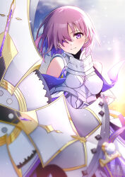 1girl armor armored_gloves armored_leotard bare_shoulders boobplate breastplate breasts fate/grand_order fate_(series) floating_hair gauntlets gorget hair_over_one_eye hair_wagging holding holding_shield leotard looking_at_viewer mash_kyrielight mash_kyrielight_(paladin) pink_hair purple_eyes shield short_hair smile solo tsuezu white_armor