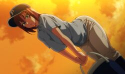 1girl akane_wa_tsumare_somerareru bare_arms blue_eyes breasts cleavage dusk hair_between_eyes hat huge_breasts large_breasts looking_at_viewer nanao_akane short_hair sky source_request tagme thighs yellow_sky