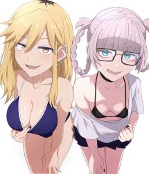 2girls :d absurdres barbell_piercing bent_over bikini bikini_top_only black-framed_eyewear black_nails black_skirt blonde_hair blue_eyes blue_one-piece_swimsuit braid braided_hair_rings breast_envy breasts cleavage clothes_pull collarbone commentary ear_piercing glasses hair_between_eyes hair_rings highres industrial_piercing kikyou_seri large_breasts looking_at_viewer multiple_girls na-suke nanakusa_nazuna_(yofukashi_no_uta) one-piece_swimsuit open_mouth piercing ringed_eyes shirt shirt_pull short_sleeves simple_background skirt smile standing swimsuit teeth thighs tongue white_background white_shirt yellow_eyes yofukashi_no_uta