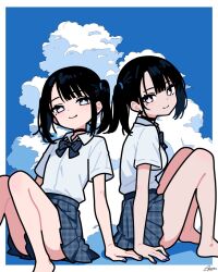 2girls ameniwa bare_legs barefoot black_choker black_hair bow bowtie choker collared_shirt commentary highres invisible_chair invisible_floor looking_at_viewer mixed-language_commentary mole mole_under_eye multiple_girls multiple_persona nail_polish original pleated_skirt school_uniform shirt side_ponytail signature sitting skirt sky smile striped_bow striped_bowtie striped_clothes twintails white_shirt
