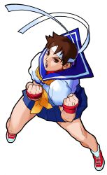 Rule 34 | 1990s (style), 1girl, absurdres, angry, bengus, blue sailor collar, brown eyes, brown hair, clenched hands, fingerless gloves, game cg, gloves, headband, highres, kasugano sakura, legs apart, looking at viewer, marvel super heroes vs. street fighter, marvel vs. capcom, mma gloves, non-web source, official art, open mouth, red undershirt, retro artstyle, sailor collar, school uniform, serafuku, shoes, short hair, simple background, sneakers, solo, teeth, undershirt, upper body, white background, white headband