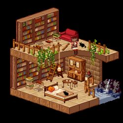 1girl bed black_cat blonde_hair book bookshelf cat chair couch fence hat indoors ivy lowres original pillow pixel_art solo table tozaki_makoto water wooden_fence