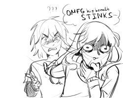 2boys ??? absurdres canute confused disgust english_text frown hand_on_own_neck highres long_hair looking_at_another male_focus mia_bobriha monochrome multiple_boys prince simple_background sketch speech_bubble tearing_up thorfinn tongue tongue_out upper_body viking vinland_saga white_background wide-eyed