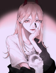 1girl absurdres aegyo_sal barbell_piercing black_jacket black_nails cat chain chain_necklace chainsaw_man closed_mouth commentary_request demon_horns ear_piercing earrings eyelashes fingernails hair_between_eyes hand_on_own_chin highres horns jacket jacket_partially_removed jewelry lips lipstick long_fingernails long_hair looking_at_viewer makeup mano_aaa nail_polish necklace piercing pink_eyes pink_hair power_(chainsaw_man) red_horns red_lips shirt short_sleeves solo t-shirt upper_body white_shirt zipper