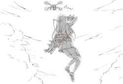 10s 1girl arm_at_side arm_up armor back black_shoes blazer blue_sky blush breasts cannon cloud drone female_focus greyscale head_tilt holster jacket kantai_collection large_breasts loafers long_sleeves machinery monochrome outdoors pleated_skirt quadcopter ship_turret shoes shoulder_pads skirt sky solo suien suzuya_(kancolle) thigh_holster thighhighs unmanned_aerial_vehicle zettai_ryouiki