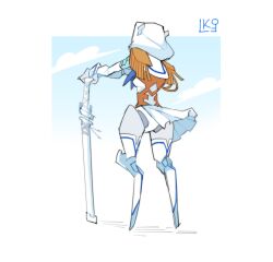 Rule 34 | 1girl, absurdres, apex legends, ash (titanfall 2), breasts, cloud, cosplay, epaulettes, hand on hilt, highres, hood, hood up, jacket, junketsu, katana, kill la kill, kiryuuin satsuki, kiryuuin satsuki (cosplay), lila (lilakeylk), medium breasts, skirt, sky, solo, sword, thighhighs, weapon, weapon connection, white jacket, white skirt, white thighhighs