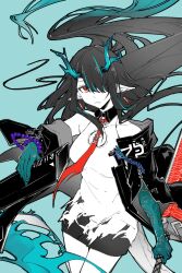 1girl arknights bare_shoulders beads blue_background blue_hair chinese_commentary cleavage_cutout closed_mouth clothing_cutout collared_dress colored_extremities commentary_request cowboy_shot dragon_girl dragon_horns dragon_tail dress dusk_(arknights) floating_hair hair_over_one_eye highres holding holding_sheath holding_sword holding_weapon horns jacket long_hair looking_at_viewer multicolored_hair necktie off_shoulder one_eye_covered partial_commentary partially_colored piaoliu_ping_ping_ping_pingzi pointy_ears red_eyes red_necktie scabbard sheath short_dress simple_background sleeveless sleeveless_dress solo standing sword tail two-tone_hair unsheathed weapon