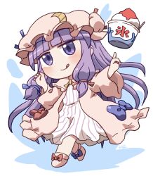 1girl :q blunt_bangs blush chibi chibi_only closed_mouth commentary_request crescent crescent_hat_ornament dress food full_body hair_ribbon hat hat_ornament highres long_hair long_sleeves looking_at_viewer mob_cap patchouli_knowledge purple_eyes purple_hair ribbon rokugou_daisuke shaved_ice signature smile solo standing striped_clothes striped_dress tongue tongue_out touhou white_dress wide_sleeves
