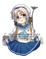 1girl blue_neckerchief blue_sailor_collar blue_skirt brown_eyes cowboy_shot glasses gloves grey_hair hat highres hirato_(kancolle) kantai_collection machinery neckerchief pleated_skirt sailor_collar sailor_hat school_uniform serafuku short_hair skirt skirt_hold solo ton_nuramaro watermark wavy_hair white_gloves white_hat