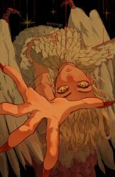 1girl artist_name black_background blonde_hair blood body_fur breasts chimera closed_mouth commentary diamond-shaped_pupils diamond_(shape) dungeon_meshi english_commentary estereggz falin_touden falin_touden_(chimera) feathered_wings feathers fingernails highres long_fingernails looking_at_viewer monster_girl open_hand outstretched_arm reaching reaching_towards_viewer red_nails red_scales short_hair simple_background solo symbol-shaped_pupils talons upside-down very_long_fingernails white_feathers wings yellow_eyes