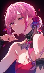 Rule 34 | 1girl, absurdres, armband, black nails, breasts, cleavage, detached collar, dress, flower, hair bun, hair flower, hair ornament, hair over shoulder, hand on own chin, highres, hololive, hololive english, large breasts, long hair, looking at viewer, mori calliope, mori calliope (party dress), parted bangs, pink eyes, pink hair, raru pipipi, red dress, solo, upper body, virtual youtuber