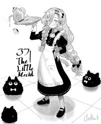 1girl 37_(reverse:1999) alternate_costume apron ascot braid carbuncle_(reverse:1999) character_name cup daku_k dress english_text full_body greyscale hair_between_eyes hand_on_own_hip highres holding holding_tray juliet_sleeves legs_apart long_braid long_dress long_hair long_sleeves looking_at_viewer maid mary_janes monochrome puffy_sleeves reverse:1999 shoes smile solo spilling standing teapot tile_floor tiles tray twin_braids very_long_hair waist_apron