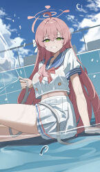 1girl ahoge arm_support blue_archive blue_sailor_collar blue_sky bow bowtie bright_pupils chinese_commentary cloud cloudy_sky commentary_request cropped_shirt dddm dutch_angle green_eyes grin hair_between_eyes hair_intakes halo hanako_(blue_archive) high-waist_skirt highres holding holding_hose hose huge_ahoge light_blush long_hair looking_at_viewer midriff_peek outdoors pink_bow pink_bowtie pink_hair pink_halo pleated_skirt sailor_collar sailor_shirt shirt sidelocks sitting skirt sky smile solo very_long_hair water_drop wet white_pupils white_shirt white_skirt