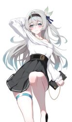 Rule 34 | 1girl, absurdres, alphaart, alternate costume, aqua hair, arm behind head, arm up, bag, belt, black bag, black belt, black footwear, black hairband, black skirt, blue eyes, blue ribbon, blush, breasts, closed mouth, clutch purse, commentary, cropped, english commentary, firefly (honkai: star rail), foot out of frame, gradient hair, grey hair, hair between eyes, hair intakes, hair ornament, hair ribbon, hairband, handbag, high-waist skirt, highres, holding, holding bag, honkai: star rail, honkai (series), jewelry, leg up, long hair, long sleeves, looking at viewer, medium breasts, miniskirt, multicolored eyes, multicolored hair, necklace, off-shoulder shirt, off shoulder, pink eyes, pleated skirt, ribbon, shirt, shirt tucked in, simple background, skindentation, skirt, solo, thigh strap, two-tone eyes, wavy mouth, white background, white shirt