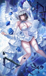 1girl :3 absurdres aqua_eyes aqua_hair aqua_streaks azur_lane bare_shoulders black_hair blue_flower bouquet breasts bridal_veil cheshire_(azur_lane) cheshire_(white_seaside_melody)_(azur_lane) cleavage closed_mouth commentary_request covered_navel dress elbow_gloves flower frilled_dress frills gloves high_heels highres holding holding_bouquet large_breasts looking_at_viewer multicolored_hair official_alternate_costume showgirl_skirt smile socks solo streaked_hair tansuan_(ensj3875) thighs tiara veil white_dress white_flower white_gloves white_socks white_veil