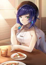 1girl absurdres ankoro bare_arms bare_shoulders beret black_hat blue_hair blunt_bangs breasts commentary_request crop_top cup dice drinking_glass earrings food genshin_impact green_eyes hand_up hat highres holding holding_dice indoors jewelry large_breasts looking_at_viewer midriff_peek pizza pizza_slice plate shirt short_hair sleeveless sleeveless_shirt smile solo table upper_body yelan_(genshin_impact) yelan_(pizza_hut)_(genshin_impact)
