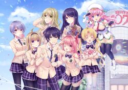 1boy 6+girls ;d ahoge antenna_hair aoi_sena bandeau between_breasts black_bandeau black_gloves black_panties black_pantyhose black_thighhighs blazer blonde_hair blue_hair blush boots bouquet bow bowtie bracelet breasts brother_and_sister brown_jacket candle chaos;head collared_shirt detached_sleeves dress_shirt earrings everyone fingerless_gloves flower glasses gloves green_eyes green_hair green_trim hair_bow hair_ornament hairpin hand_in_own_hair highres holding holding_bouquet holding_candle jacket jewelry kishimoto_ayase kusunoki_yua lapels large_breasts long_sleeves loose_necktie magical_girl medium_breasts messy_hair miniskirt multiple_girls multiple_hair_bows necktie necktie_between_breasts nervous_sweating nishijou_myu nishijou_nanami nishijou_takumi notched_lapels one_eye_closed open_clothes open_collar open_jacket open_mouth orihara_kozue panties pants pantyhose pink_eyes pink_hair plaid_bow plaid_bowtie plaid_clothes plaid_necktie plaid_pants plaid_skirt purple_bow purple_bowtie purple_eyes purple_hair purple_pants purple_skirt red_necktie red_trim round_eyewear sakihata_rimi school_emblem school_uniform science_adventure seira_orgel shibuya_(tokyo) shibuya_109 shirt short_hair siblings skirt small_breasts smile suimei_academy_school_uniform sweat thighhighs tokyo_(city) twintails underwear v white_boots white_petticoat white_shirt white_sleeves white_thighhighs yellow_eyes
