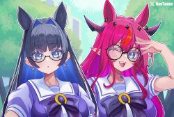 Rule 34 | animal ears, avotoons, black hair, blue eyes, blue hair, bow, bow earrings, chain, chain headband, crystal wings, double halo, dress, earrings, eyewear on head, halo, highres, hololive, hololive english, horns, horse ears, horse girl, horse tail, irys (hololive), jewelry, kemonomimi mode, long hair, multiple girls, multiple horns, ouro kronii, pink eyes, pink hair, pointy ears, purple bow, purple dress, purple eyes, school uniform, tail, tracen school uniform, umamusume, virtual youtuber
