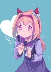 1girl absurdres animal_ears blue_background bow chocolate chocolate_on_face ear_bow flower-shaped_pupils food food_on_face grey_bow hair_intakes hairband happy_valentine haru_urara_(umamusume) heart highres holding horse_ears long_hair long_sleeves looking_at_viewer moko39_takasora pink_hair pleated_skirt ponytail puffy_long_sleeves puffy_sleeves purple_eyes purple_shirt purple_skirt red_hairband school_uniform shirt simple_background skirt solo symbol-shaped_pupils tracen_school_uniform umamusume valentine very_long_hair