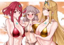 absurdres alternate_costume asymmetrical_docking bikini breast_envy breast_press breasts highres large_breasts mythra_(xenoblade) nia_(xenoblade) pyra_(xenoblade) swimsuit xenoblade_chronicles_(series) xenoblade_chronicles_2