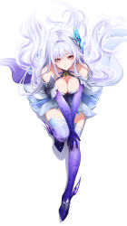 1girl absurdres bare_shoulders breasts chinese_commentary cleavage commentary_request cropped dress elbow_gloves from_above genshin_impact gloves hair_spread_out hand_on_own_knee highres knee_up large_breasts long_hair looking_up multicolored_hair parted_lips purple_gloves purple_hair purple_thighhighs red_eyes royboy simple_background sitting skirk_(genshin_impact) solo thighhighs two-tone_hair white_background white_dress white_hair