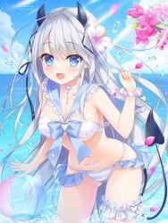 Rule 34 | 1girl, ameto yuki, ball, bandeau, beachball, bikini, blue eyes, blush, bracelet, breasts, choker, cleavage, demon girl, demon horns, demon tail, flower, grey hair, hair flower, hair ornament, hair ribbon, horns, jewelry, large breasts, long hair, looking at viewer, open mouth, original, outdoors, ribbon, smile, solo, swimsuit, tail, thighlet, very long hair, watermark