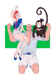 1boy 1girl ^_^ animal arm_up bonk_punch buzz_cut closed_eyes commentary_request cropped_legs flexing green_background heart_blody highres monkey monster_(one_piece) multicolored_hair on_shoulder one_piece one_piece_film:_red ponytail red_hair short_hair shorts simple_background single_bare_shoulder smile stitched_face stitches two-tone_hair uta_(one_piece) very_short_hair white_background white_hair white_shorts