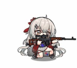 1girl animated animated_gif box dragunov_svd fur_trim girls&#039;_frontline grey_eyes gun holding holding_gun holding_weapon long_hair lowres official_art rifle shorts sniper_rifle svd_(girls&#039;_frontline) weapon white_hair