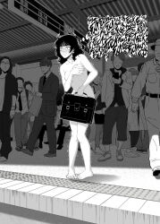 3girls 6+boys :d bag barefoot blush braid breasts clothed_female_nude_female clothed_male_nude_female comic commentary completely_nude covering_breasts covering_privates embarrassed english_commentary english_text faceless faceless_female faceless_male feet glasses greyscale highres holding holding_bag humiliation kusujinn long_hair medium_breasts monochrome multiple_boys multiple_girls naked_school_attendance necktie nude open_mouth original paid_reward_available pigeon-toed profanity public_indecency public_nudity recording school_bag school_uniform smile solo_focus sweat tactile_paving taking_picture toes train_station trembling twin_braids