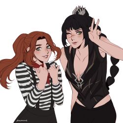 2girls ;) absurdres baldur&#039;s_gate baldur&#039;s_gate_3 black_hair black_shirt brown_hair clair_obscur:_expedition_33 collarbone cowboy_shot crossover dungeons_&amp;_dragons dungeons_&amp;_dragons green_eyes hands_up highres long_hair looking_at_viewer maelle_(clair_obscur:_expedition_33) multiple_girls neckerchief nina_(rizukana4) one_eye_closed ponytail red_neckerchief scar scar_on_face scar_on_nose shadowheart_(baldur&#039;s_gate) shirt simple_background sleeveless sleeveless_shirt smile striped_clothes striped_shirt suspenders trait_connection v voice_actor_connection white_background