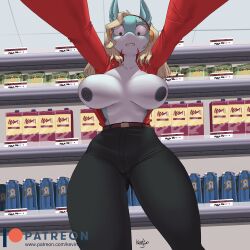 1girl blonde_hair boku_no_hero_academia breasts curvy female_focus furry furry_female green_eyes highres ippan_josei kevinsano large_breasts long_hair looking_down solo thick_thighs thighs wardrobe_malfunction wide_hips