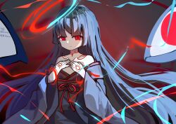 Rule 34 | absurdres, black hair, black kimono, blue halo, blurry, breasts, chaos (mon-musu quest!), chest tattoo, depth of field, dhy-232, disembodied eye, energy, expressionless, eyes visible through hair, grey background, halo, hand tattoo, hands on own chest, highres, japanese clothes, kimono, long hair, mon-musu quest!, mon-musu quest: paradox, multicolored halo, nose, red eyes, red halo, small breasts, tattoo, very long hair