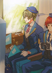 2boys bag blonde_hair blue_eyes blue_hat blue_jacket blue_necktie blue_shirt bottle camera closed_mouth commentary_request diagonal-striped_clothes diagonal-striped_necktie feet_out_of_frame flag frilled_shirt frills full_body gloves grey_vest hair_between_eyes hat holding holding_camera holding_flag idolmaster idolmaster_side-m jacket kashiwagi_tsubasa looking_at_object looking_to_the_side male_focus multiple_boys nana_tetra necktie open_mouth red_eyes red_hair red_necktie shirt sitting striped_clothes tendo_teru toy_airplane train_interior travel_attendant two-tone_necktie vest water white_gloves white_shirt