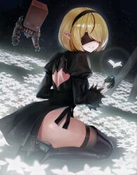 1girl 2b_(nier:automata) 2b_(nier:automata)_(cosplay) blonde_hair breasts chromashift elf female_focus hag long_hair lp_(lp0000_k) multicolored_hair necromancer pointy_ears red_eyes red_hair ruby_runeheart small_breasts solo solo_focus two-tone_hair virtual_youtuber vtuber_fanart witch