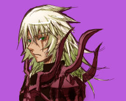 1boy armor black_bodysuit blonde_hair bodysuit closed_mouth commentary_request expressionless green_eyes guillotine_cross_(ragnarok_online) hair_between_eyes long_bangs long_hair looking_at_viewer male_focus pauldrons purple_background ragnarok_online red_armor scar scar_across_eye scar_on_face shoulder_armor simple_background sketch solo upper_body yukimushi