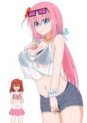 2girls 3535mb ^_^ alternate_hairstyle aqua_nails bikini bikini_skirt bikini_under_clothes black_bikini blue_eyes bocchi_the_rock! breasts cleavage closed_eyes closed_mouth collarbone commentary_request cowboy_shot crop_top cutoffs dot_nose earrings embarrassed eyewear_on_head flower frilled_bikini frills gotoh_hitori grey_shorts hair_between_eyes hair_flower hair_ornament hair_over_shoulder hand_on_own_chest jewelry kita_ikuyo large_breasts long_bangs long_hair long_sideburns long_sidelocks looking_ahead low-tied_long_hair midriff multiple_girls nail_polish navel necklace no_hair_ornament one_side_up open_mouth orange_nails pink_bikini pink_hair plaid_bikini plaid_clothes pleated_skirt purple_nails red_flower red_hair see-through_clothes short_shorts shorts sideburns sidelocks simple_background skirt smile sparkle standing star_(symbol) star_earrings stomach straight_hair sweat swimsuit tank_top turn_pale twintails underboob very_long_hair white_background white_tank_top yellow_nails
