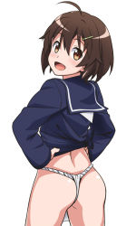 10s 1girl :d ahoge ass blush brave_witches brown_eyes brown_hair female_focus from_behind fundoshi hair_ornament hairclip japanese_clothes karibuchi_hikari long_sleeves looking_back matching_hair/eyes open_mouth school_uniform serafuku short_hair smile solo world_witches_series youkan