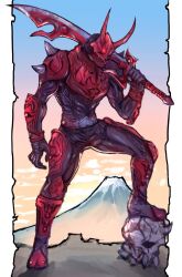 1boy armor binelu01 black_eyes bodysuit foot_on_head highres kamen_rider kamen_rider_den-o_(series) male_focus momotaros monster monster_boy mount_fuji mountain oni over_shoulder realistic red_armor sharp_teeth skull sword sword_over_shoulder teeth weapon weapon_over_shoulder