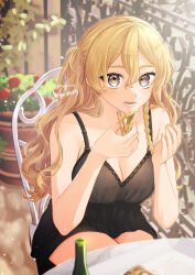 Rule 34 | 1girl, alternate costume, bare shoulders, black dress, blonde hair, blurry, blurry background, blush, bottle, braid, breasts, brown eyes, chair, cleavage, commentary request, dress, flower, food, hair between eyes, highres, holding, holding food, kantai collection, large breasts, long hair, looking at viewer, machi (ritovoyage), open mouth, pizza, plant, plate, potted plant, red flower, side braid, sitting, sleeveless, sleeveless dress, solo, table, twitter username, zara (kancolle)