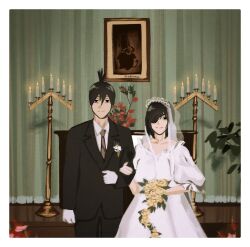 bridal_veil bride candle chainsaw_man commentary dress english_commentary eyepatch flower formal_clothes gloves green_background hayakawa_aki highres himeno_(chainsaw_man) holding_another&#039;s_arm looking_at_viewer painting_(object) pochita_(chainsaw_man) red_flower red_rose rose short_hair sudstance suit topknot veil wedding wedding_dress white_dress white_flower white_gloves white_rose