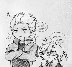 2boys archer_(fate) archer_(honkai:_star_rail)_(fate) aventurine_(honkai:_star_rail) black_choker bodysuit choker coat collared_shirt commentary crossed_arms earrings english_commentary english_text fate/stay_night fate/unlimited_blade_works fate_(series) fur-trimmed_jacket fur_trim gloves hair_between_eyes half-closed_eyes highres honkai:_star_rail honkai_(series) jacket jewelry kq09_iq long_sleeves looking_afar male_focus monochrome multiple_boys open_clothes open_coat open_jacket open_mouth shirt short_hair simple_background single_earring smile sparkle speech_bubble sunglasses traditional_media upper_body v-shaped_eyebrows white_background