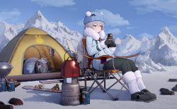 1girl absurdres animal_print beanie black_gloves black_pants black_shoes blue_coat blue_hat blue_sky blush bronya_zaychik camping camping_chair can chair closed_mouth cloud coat crossed_bangs drill_hair folding_chair fur-trimmed_coat fur-trimmed_sleeves fur_trim gloves grey_hair hat hat_ornament highres holding honkai_(series) honkai_impact_3rd kerosene_lamp kettle lantern legs_together log long_hair long_sleeves looking_away mountainous_horizon outdoors pants pom_pom_(clothes) pot rabbit_print shadow shoes sitting ski_gear sky snow solo stove tent very_long_hair wide_shot winter_clothes wood_cube