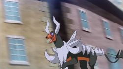 1girl animated animated_gif blonde_hair bonnie_(pokemon) gen_2_pokemon gen_4_pokemon houndoom luxray mega_houndoom mega_pokemon nintendo pokemon pokemon_(creature) riding side_ponytail