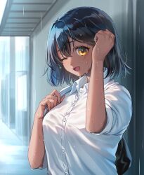 1girl absurdres black_hair breasts dark-skinned_female dark_skin hair_between_eyes highres indie_virtual_youtuber looking_at_viewer medium_breasts one_eye_closed open_mouth rain sakura_chiyo_(konachi000) sakuraba_chiyo shirt short_hair solo upper_body very_dark_skin virtual_youtuber wet wet_hair white_shirt yellow_eyes