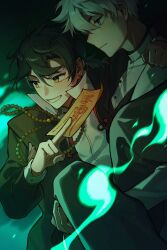 Rule 34 | 2boys, absurdres, alternate costume, bead necklace, beads, black hair, black jacket, blue eyes, blue fire, calamine black, carrying, cheng xiaoshi, chinese commentary, closed mouth, ear piercing, earrings, fire, grin, hair between eyes, highres, holding, holding ofuda, jacket, jewelry, long sleeves, looking to the side, lu guang, male focus, multiple boys, necklace, ofuda, pants, piercing, ponytail, princess carry, shiguang dailiren, shirt, short hair, short ponytail, smile, talisman, white hair, white shirt, yaoi, yellow eyes